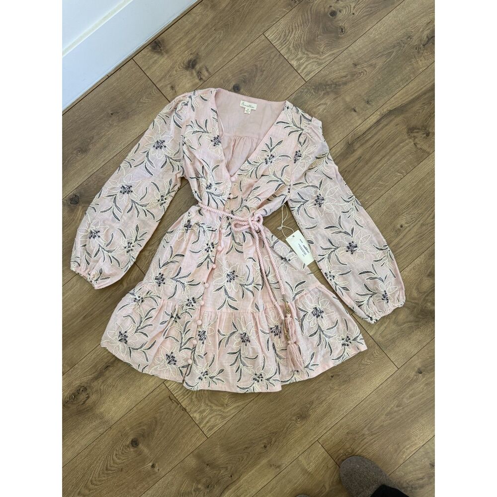 CAMELLIA m nwt cotton boho pink puff sleeve embroidered floral dress embroidered